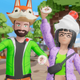 Two Decentraland avatars wave with silly hats.